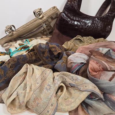 LOT 37: Tignanello Shoulder Bag. Nine West Handbag, and Fashion Scarves