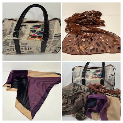 LOT 39: Newspaper Print Tote and Multiple Fashionable Scarves