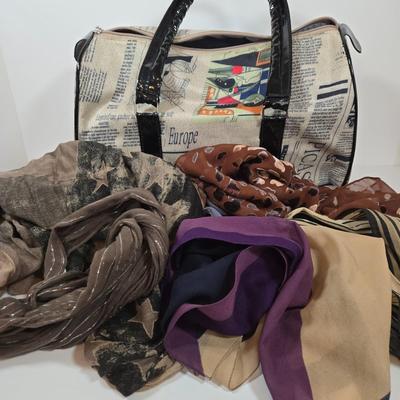 LOT 39: Newspaper Print Tote and Multiple Fashionable Scarves