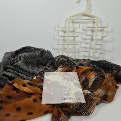 LOT 41: Scarf Hanger, Nordstrom Book 40 Ways To Tie a Scarf. and Three Fashionable Scarves