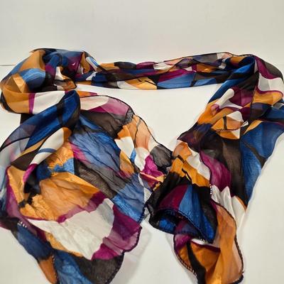 LOT 42: Cee Klein Leather Purse, Flowered Scarf with Gold-tone Metallic Threading, and Three More Fashionable Scarves