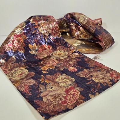 LOT 42: Cee Klein Leather Purse, Flowered Scarf with Gold-tone Metallic Threading, and Three More Fashionable Scarves