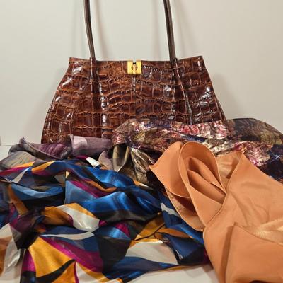 LOT 42: Cee Klein Leather Purse, Flowered Scarf with Gold-tone Metallic Threading, and Three More Fashionable Scarves