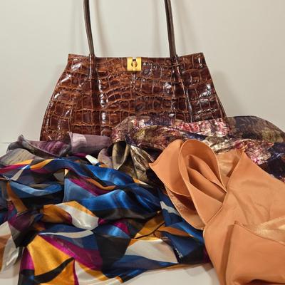 LOT 42: Cee Klein Leather Purse, Flowered Scarf with Gold-tone Metallic Threading, and Three More Fashionable Scarves