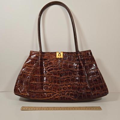 LOT 42: Cee Klein Leather Purse, Flowered Scarf with Gold-tone Metallic Threading, and Three More Fashionable Scarves