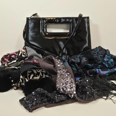 LOT 43: Via Piaggi Patent Clutch Bag with Shoulder Strap, Flowered Scarf with Pompoms, Sequined Scarf and More Stylish Scarves