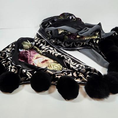 LOT 43: Via Piaggi Patent Clutch Bag with Shoulder Strap, Flowered Scarf with Pompoms, Sequined Scarf and More Stylish Scarves