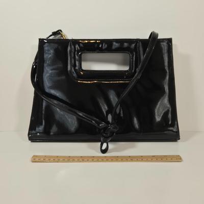 LOT 43: Via Piaggi Patent Clutch Bag with Shoulder Strap, Flowered Scarf with Pompoms, Sequined Scarf and More Stylish Scarves