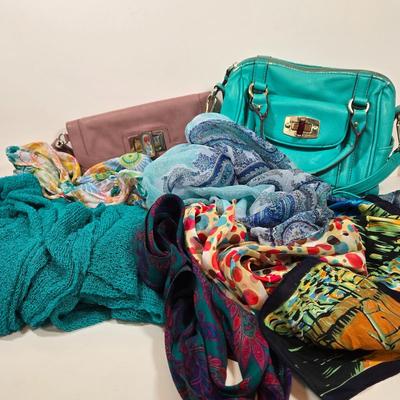 LOT 44: Teal Merona Purse, New York and Company Wristlet, Colorful Dotted Scarf, and Multiple Fun Colored Scarves