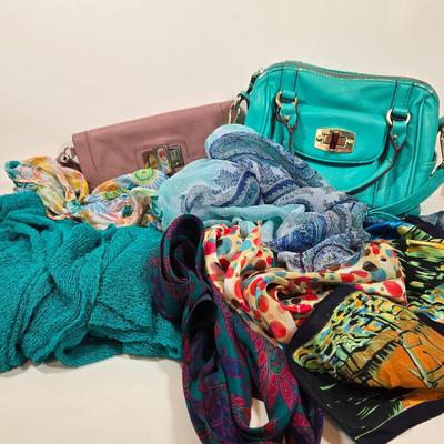 LOT 44: Teal Merona Purse, New York and Company Wristlet, Colorful Dotted Scarf, and Multiple Fun Colored Scarves