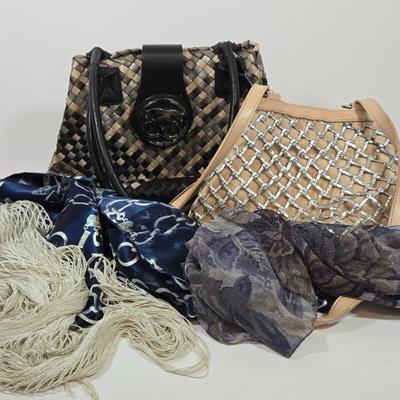 LOT 45: Sharif Woven Sachel Bag, Bueno Shoulder Bag, Fishnet Fringed Scarf, Real Estate Agent Scarf, and Flowered Scarf