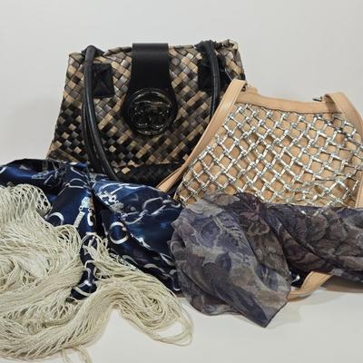 LOT 45: Sharif Woven Sachel Bag, Bueno Shoulder Bag, Fishnet Fringed Scarf, Real Estate Agent Scarf, and Flowered Scarf