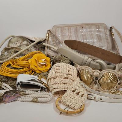 LOT 46: Eel Skin Shoulder Bag, Flower Patterned Handbag, Gold-tone Sequined Hobo Bag, and Multiple Stylish Belts Including Macrame,...