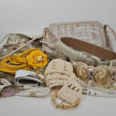 LOT 46: Eel Skin Shoulder Bag, Flower Patterned Handbag, Gold-tone Sequined Hobo Bag, and Multiple Stylish Belts Including Macrame,...