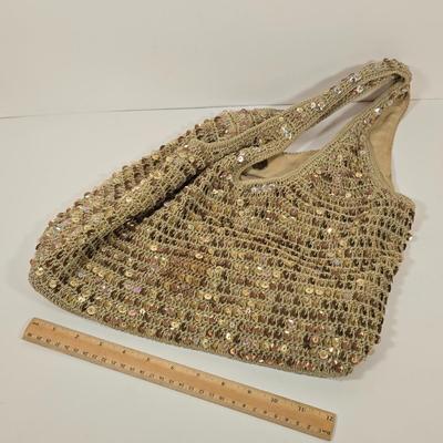 LOT 46: Eel Skin Shoulder Bag, Flower Patterned Handbag, Gold-tone Sequined Hobo Bag, and Multiple Stylish Belts Including Macrame,...