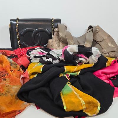 LOT 47: Chanel- Like Crossbody Bag, Metallic Bronze Color Handbag, Laura Ashley Scarf, Dragonfly Scarf with Fringe, and More Fashion Scarves