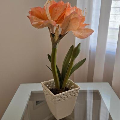 LOT 48: Wooden Night Stand with Glass Top, Mirror, and Faux Flower Decor