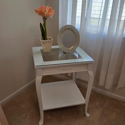 LOT 48: Wooden Night Stand with Glass Top, Mirror, and Faux Flower Decor