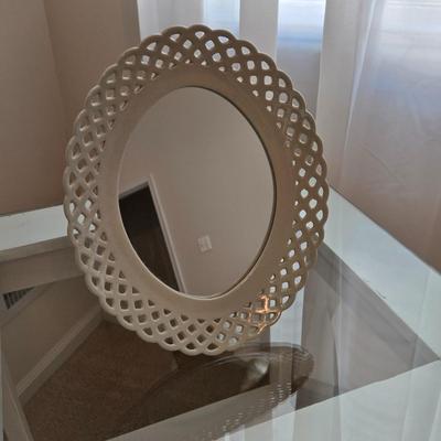 LOT 48: Wooden Night Stand with Glass Top, Mirror, and Faux Flower Decor