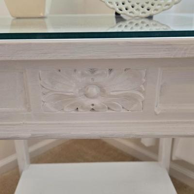 LOT 48: Wooden Night Stand with Glass Top, Mirror, and Faux Flower Decor