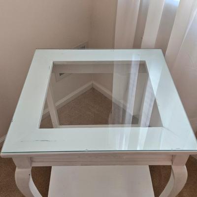 LOT 48: Wooden Night Stand with Glass Top, Mirror, and Faux Flower Decor