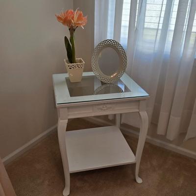 LOT 48: Wooden Night Stand with Glass Top, Mirror, and Faux Flower Decor