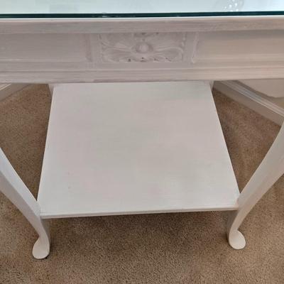 LOT 48: Wooden Night Stand with Glass Top, Mirror, and Faux Flower Decor