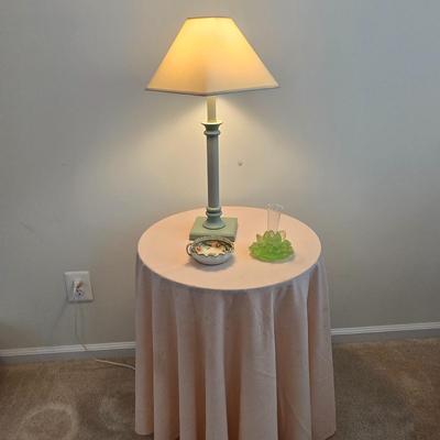 LOT 49: Round Table with Tablecloth, Lamp, Hen Feathers Bud Vase, and Hand-Painted Nippon Trinket Bowl