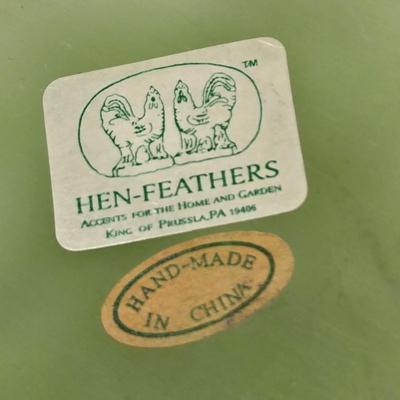 LOT 49: Round Table with Tablecloth, Lamp, Hen Feathers Bud Vase, and Hand-Painted Nippon Trinket Bowl