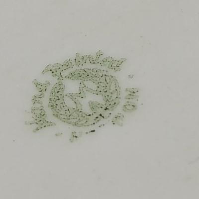 LOT 49: Round Table with Tablecloth, Lamp, Hen Feathers Bud Vase, and Hand-Painted Nippon Trinket Bowl