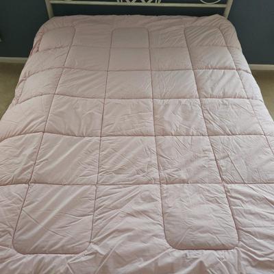 LOT 54: United Feather and Down Pink Comforter, White Hollander Comforter. Sage Green Comforter, and Pink Mainstays Blanket