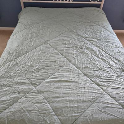 LOT 54: United Feather and Down Pink Comforter, White Hollander Comforter. Sage Green Comforter, and Pink Mainstays Blanket