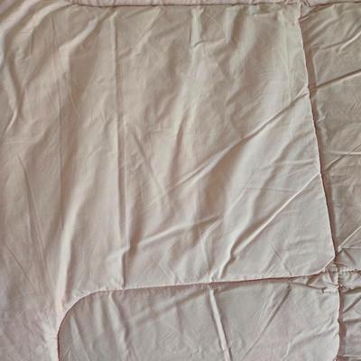 LOT 54: United Feather and Down Pink Comforter, White Hollander Comforter. Sage Green Comforter, and Pink Mainstays Blanket