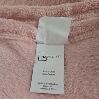 LOT 54: United Feather and Down Pink Comforter, White Hollander Comforter. Sage Green Comforter, and Pink Mainstays Blanket