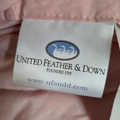 LOT 54: United Feather and Down Pink Comforter, White Hollander Comforter. Sage Green Comforter, and Pink Mainstays Blanket