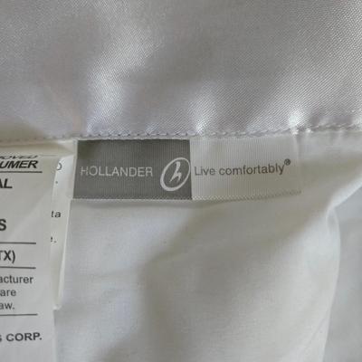 LOT 54: United Feather and Down Pink Comforter, White Hollander Comforter. Sage Green Comforter, and Pink Mainstays Blanket