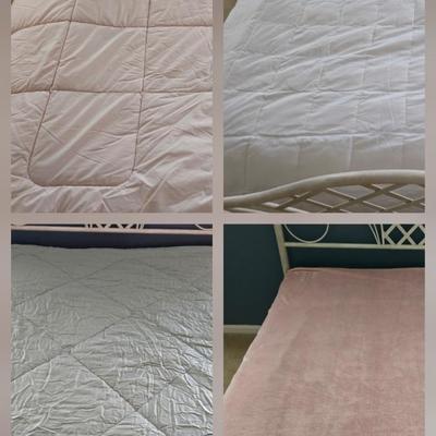 LOT 54: United Feather and Down Pink Comforter, White Hollander Comforter. Sage Green Comforter, and Pink Mainstays Blanket
