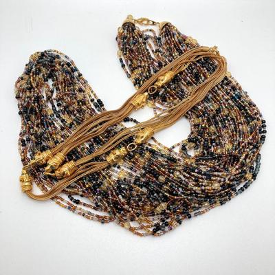 LOT 75: Beautiful Camrose Kross JBK (Jackie Kennedy) Gold Tone Green Eyed Panther Necklace and Joan Rivers Multi-Strand Beaded Necklace