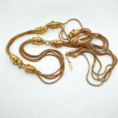 LOT 75: Beautiful Camrose Kross JBK (Jackie Kennedy) Gold Tone Green Eyed Panther Necklace and Joan Rivers Multi-Strand Beaded Necklace