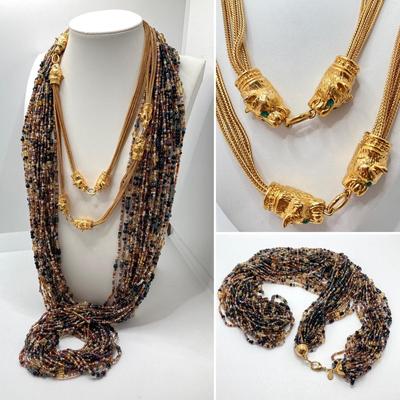 LOT 75: Beautiful Camrose Kross JBK (Jackie Kennedy) Gold Tone Green Eyed Panther Necklace and Joan Rivers Multi-Strand Beaded Necklace