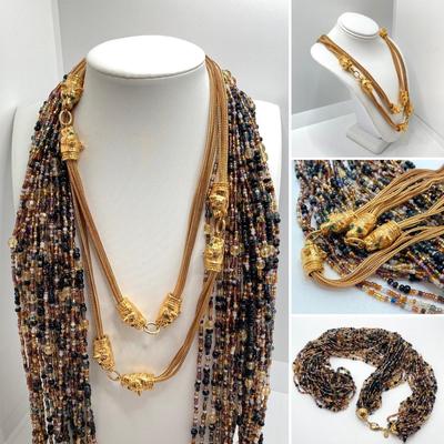 LOT 75: Beautiful Camrose Kross JBK (Jackie Kennedy) Gold Tone Green Eyed Panther Necklace and Joan Rivers Multi-Strand Beaded Necklace