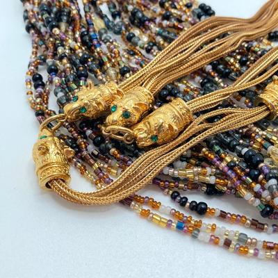 LOT 75: Beautiful Camrose Kross JBK (Jackie Kennedy) Gold Tone Green Eyed Panther Necklace and Joan Rivers Multi-Strand Beaded Necklace