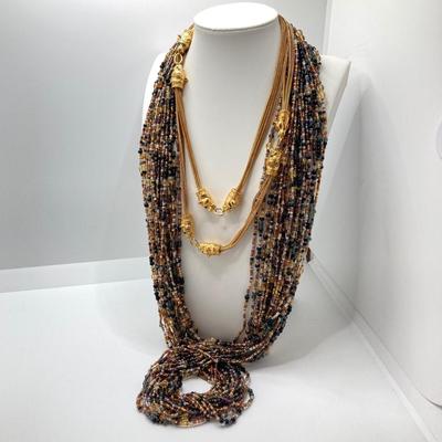LOT 75: Beautiful Camrose Kross JBK (Jackie Kennedy) Gold Tone Green Eyed Panther Necklace and Joan Rivers Multi-Strand Beaded Necklace