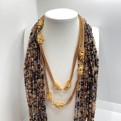 LOT 75: Beautiful Camrose Kross JBK (Jackie Kennedy) Gold Tone Green Eyed Panther Necklace and Joan Rivers Multi-Strand Beaded Necklace