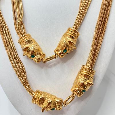 LOT 75: Beautiful Camrose Kross JBK (Jackie Kennedy) Gold Tone Green Eyed Panther Necklace and Joan Rivers Multi-Strand Beaded Necklace