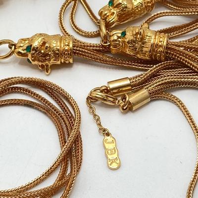 LOT 75: Beautiful Camrose Kross JBK (Jackie Kennedy) Gold Tone Green Eyed Panther Necklace and Joan Rivers Multi-Strand Beaded Necklace