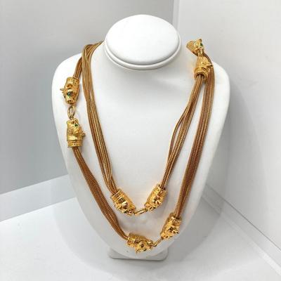 LOT 75: Beautiful Camrose Kross JBK (Jackie Kennedy) Gold Tone Green Eyed Panther Necklace and Joan Rivers Multi-Strand Beaded Necklace