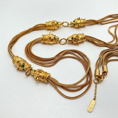 LOT 75: Beautiful Camrose Kross JBK (Jackie Kennedy) Gold Tone Green Eyed Panther Necklace and Joan Rivers Multi-Strand Beaded Necklace