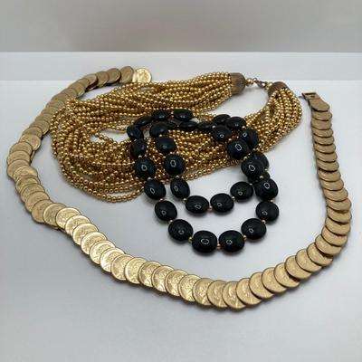 LOT 79: Vintage Gold Tone / Black Fashion Jewelry and Accessory Collection - Coin Stretch Belt, Necklaces, Earrings and Ring