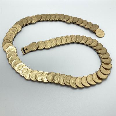 LOT 79: Vintage Gold Tone / Black Fashion Jewelry and Accessory Collection - Coin Stretch Belt, Necklaces, Earrings and Ring